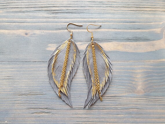 Statement Earrings, Boho Earrings, Feather Earrings, Leather Earrings, Leather feather Earrings, Boho Jewelry, Grey Leather Earrings