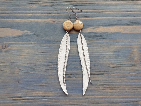 Long Leather Feather Earrings, Gemstone and Leather Earrings, Cream Earrings, Boho Earrings, Picture Jasper Earrings, Boho Jewelry Handmade
