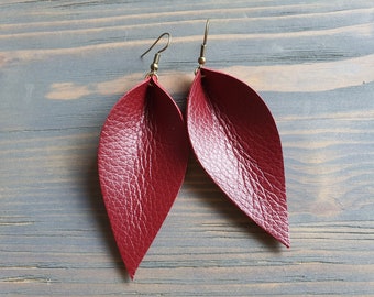 Leather Leaf Earrings, Genuine Leather Earrings, Real Leather Earrings, Burgundy Earrings, Boho Earrings, Western Earrings, Bohemian Earings