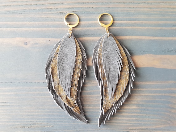 Grey Earrings. Leather Feather Earrings. Grey & Gold Earrings. Bohemian Dangle Earrings. Long Boho Earrings. Bohemian Leather Jewelry.