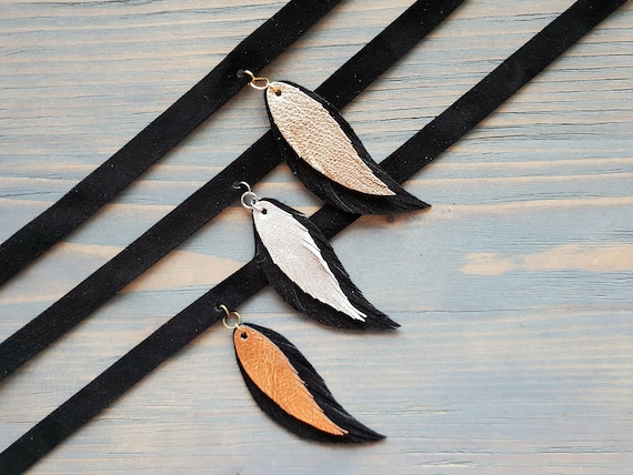 Black Leather Choker, Bohemian Jewelry, Boho Choker, Suede Choker Necklace, Leather Feather Choker, Boho Jewelry, Genuine Leather Choker.