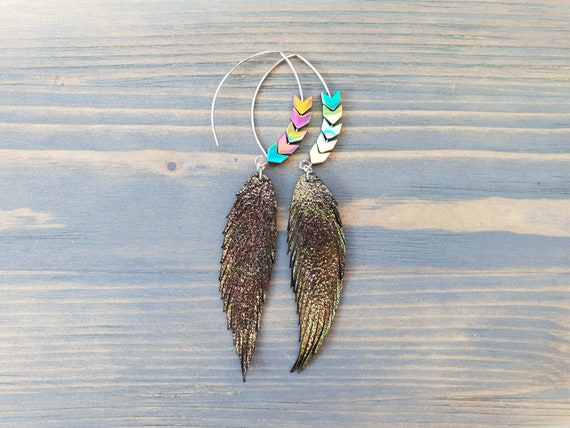 Hematite Earrings, Boho Earrings, Leather Earrings, Feather Earrings, Boho Jewelry, Bohemian Earrings, Holographic Earrings, Large Hoops