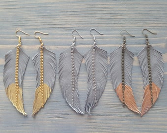 Large Boho Earrings Leather Feather Earrings Long Bohemian Earrings Grey Leather Earrings Statement Boho Jewelry Lightweight Earrings