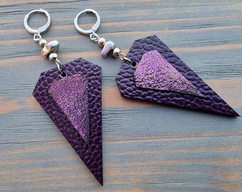 Purple Leather Earrings, Long Dangle drop Earrings, Statement Earrings, Art Deco Triangle Earrings, Boho Earrings, Leather Boho Jewelry