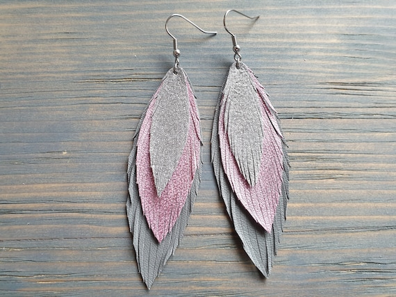 Grey Pink Silver Leather Earrings, Statement Earrings, Leather Feather Earrings, Bohemian Earrings, Layered Earrings, Boho Jewelry
