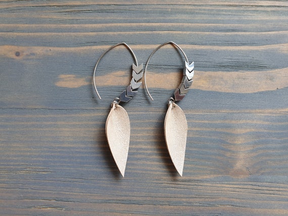 Leather Petal Earrings, Hematite Chevron Earrings, Large Hoop Earrings, Leather Leaf Earrings, Statement Earrings, Silver Beige Earrings