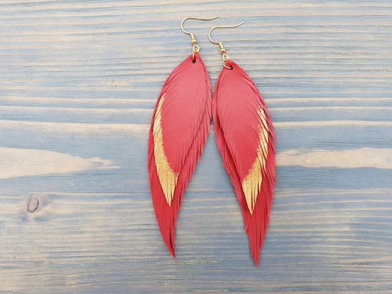 Leather Feather Earrings, Long Red Earrings, Red Leather Earrings, Statement Earrings, Boho Earrings, Handmade Earrings, Bohemian Earrings