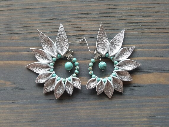 Silver Hoop Earrings, Turquoise Hoop Earrings, Leather Earrings, Boho Earrings, Statement Earrings, Bohemian Earrings, Statement Jewelry