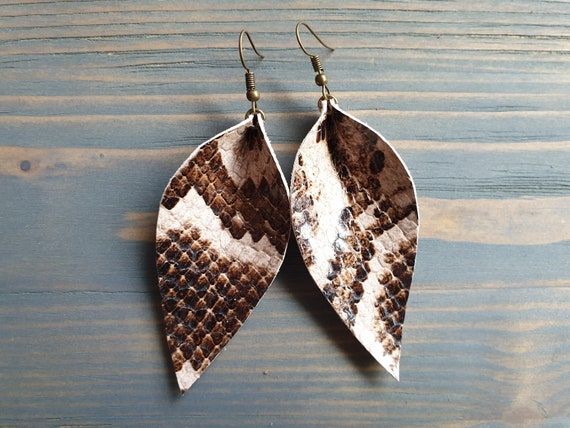 Snake Print Earrings, Leather Leaf Earrings, Genuine Leather Earrings, Large Leaf Earrings, Western Earrings, Boho Earrings, Leather Jewelry