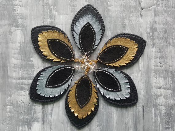 Bohemian Style Leather Earrings. Black Leather Earrings. Large Bohemian Earrings. Gold Silver Boho Earrings. Bohemian Leather Jewelry.
