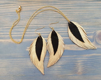 Jewelry Set, Earrings and Necklace, Leather earrings, Feather Earrings, Leather feather earrings, Feather Necklace, Leather Necklace Boho