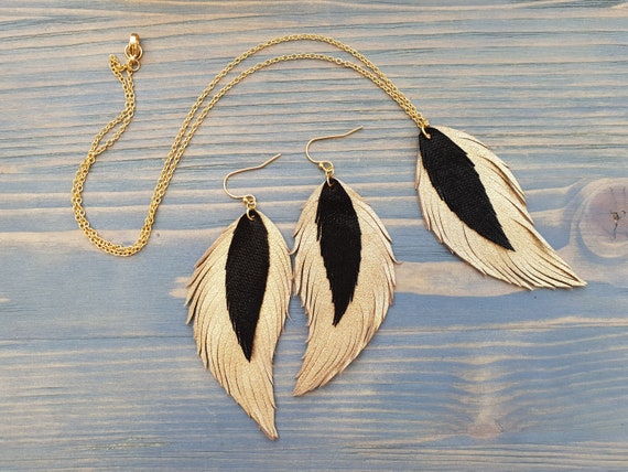 Jewelry Set, Earrings and Necklace, Leather earrings, Feather Earrings, Leather feather earrings, Feather Necklace, Leather Necklace Boho