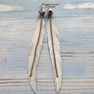 Long Feather Earrings Bohemian Earrings Gemstone Leather Earrings Bohemian Jewelry Long Leather Feather Earrings Boho Tribal Earrings. image 8