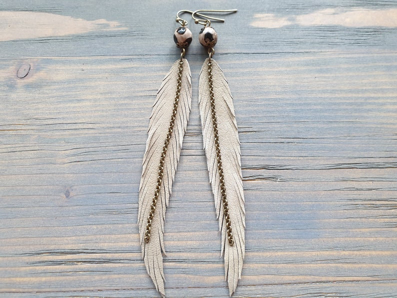 Long Feather Earrings Bohemian Earrings Gemstone Leather Earrings Bohemian Jewelry Long Leather Feather Earrings Boho Tribal Earrings. image 8