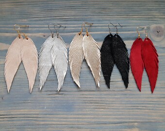 Long Genuine Leather Feather  Leghtweight Bohemian Earrings  Statement Boho Jewelery Gift For Her