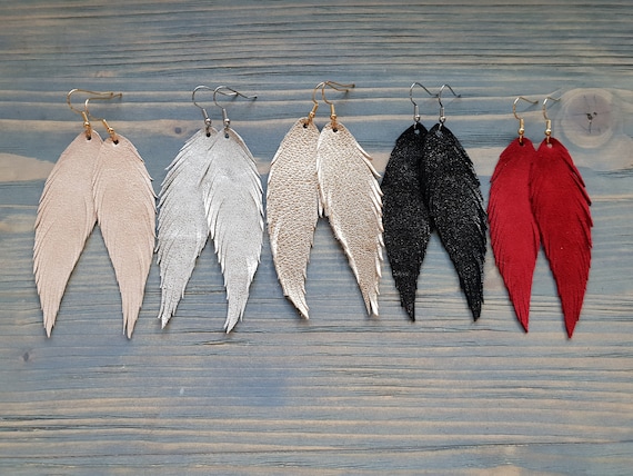 Long Feather Earrings, Leather Earrings, Leather Feather Earrings, Christmas Gift For Her, Statement Earrings, Leather Statement Jewelry