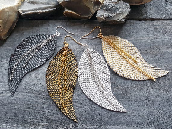 Leather Feather Earrings. Statement Leather Earrings. Black Gold Silver White Earrings. Hand painted Leather Earrings. Bohemian Earrings.
