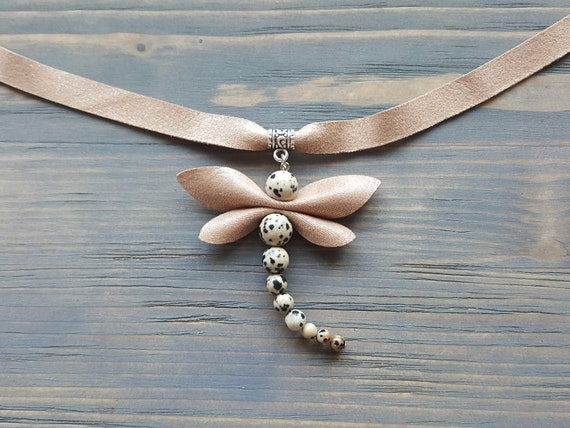 Gemstone Dragonfly Necklace, Pendant Choker Necklace, Dragonfly Jewelry, Beige Leather Choker with Pendant, Statement Jewelry, Boho Choker.