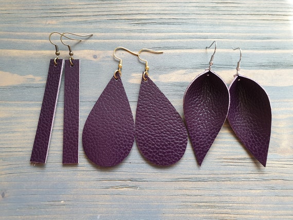 Leather Earrings, Purple Earrings, Leather Leaf earrings, Leather Teardrop Earrings, Leather Bar Earrings, Genuine Leather earrings