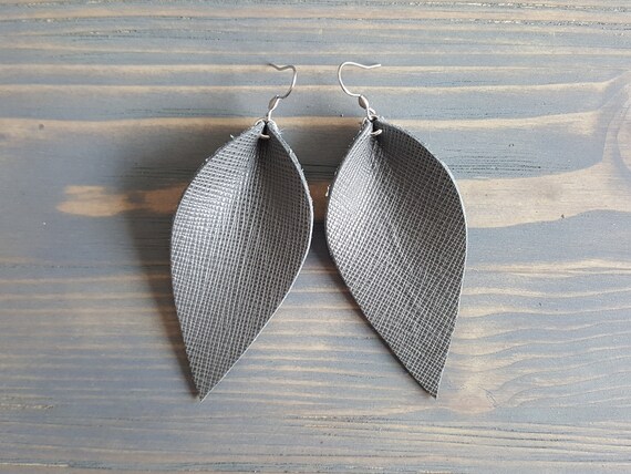 Leather Earrings, Leather Leaf Earrings. Grey Earrings. Grey Leather Earrings. Rustic Earrings. Large Earrings. Boho Earrings