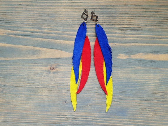 Bright Feathers, Leather Feather Earrings, Extra Long Earrings, Leather Earrings, Hippie Earrings, Bright Boho Earrings, Festival Earrings