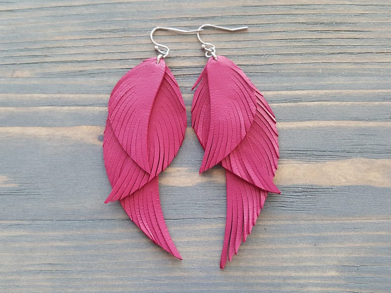 Fuchsia pink earrings. Pink leather earrings. Leather feather earrings. Long feather earrings. Bohemian earrings. Boho earrings. Boho chic. image 1