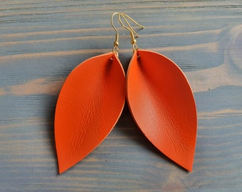 Orange Leather Leaf Earrings, Leather Earrings, Leaf Earrings, Orange Earrings, Bright Leather Earrings, Summer Earrings