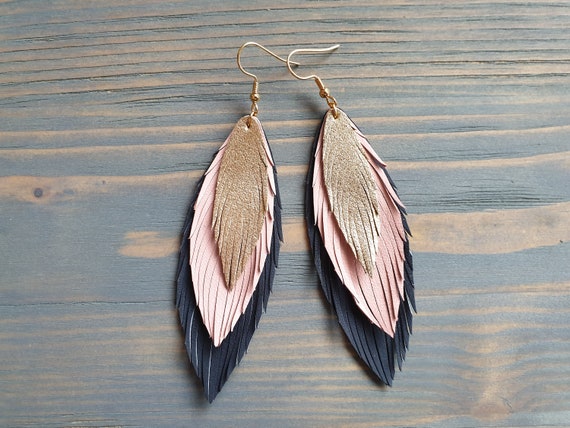 Long Leather Earrings, Leather feather Earrings, Navy Pink Gold Leather Earrings, Statement Earrings, Triple Layered Earrings, Gift for Her