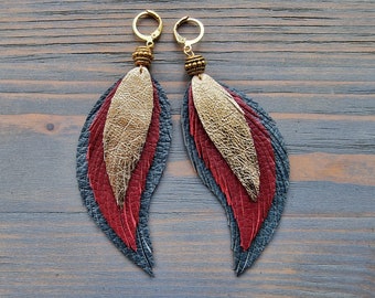 Leather Feather Earrings, Boho Feather Earrings, Layered Leather Earrings, Boho Earrings, Statement Earrings Green Red Gold Layered Earrings