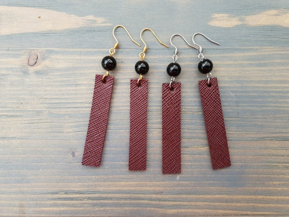 Burgundy Red Earrings, Leather Earrings, Minimalist Earrings, Simple Earrings, Simple Leather Earrings, Bar Earrings, Black Agate Earrings