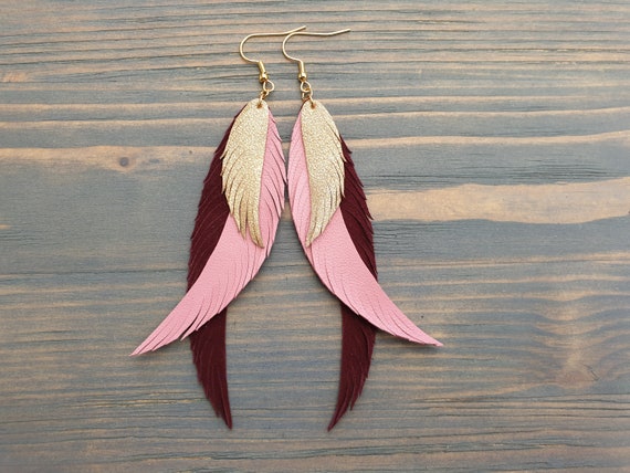 Long Statement Earrings, Leather Feather Earrings, Boho Earrings, Bohemian Earrings, Leather Earrings, Long Earrings, Boho Jewelry