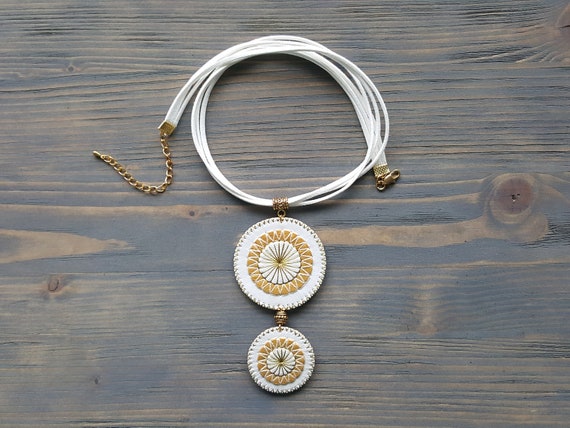 White Leather Pendant Necklace, Large Statement Necklace, Bohemian Necklace, Pendant Choker, Boho Necklace, Embroidered Mandala Necklace.