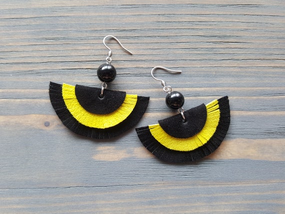 Black and Yellow Leather Earrings, Leather Fringe Earrings, Fringe Boho Earrings, Statement Earrings, Statement Jewelry, Bohemian Earrings