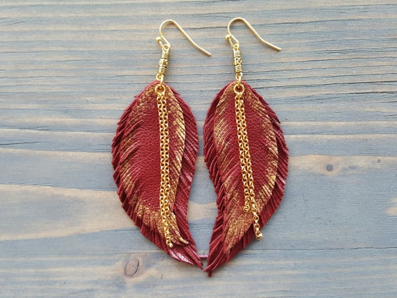 Long Statement Earrings. Red Leather Earrings. Big Statement Earrings. Leather Feather Earrings. Bohemian Leather Earrings. Boho Earrings.
