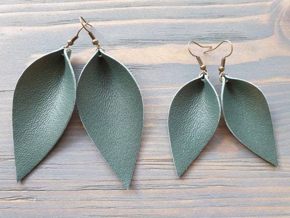 Sage Green Leather Leaf Earrings. Genuine Leather Earrings. Boho Earrings. Rustic Leather Earrings. Bohemian Earrings. Western Earrings.