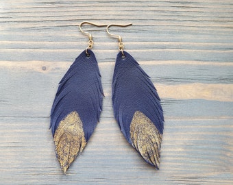 Leather Feather Earrings, Navy Blue Earrings, Leather Earrings, Boho Earrings, Bohemian Earrings, Long Dangle Earrings Boho Jewelry Handmade