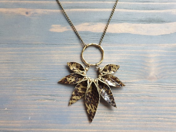 Leather Necklace, Bronze Chain Necklace, Leather Pendant Necklace, Statement Necklace, Boho Necklace, Bohemian Necklace, Boho Jewellery