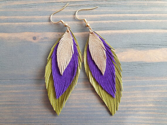 Leather Feather Earrings, Layered Leather Earrings, Green Purple Gold Leather Earrings, Statement Earrings, Bohemian Earrings, Boho Jewelry