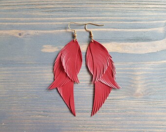 Red Earrings, Leather Earrings, Feather Earrings, Statement Earrings, Leather feather Earrings, Boho Earrings, Boho Jewelry, Leather jewelry