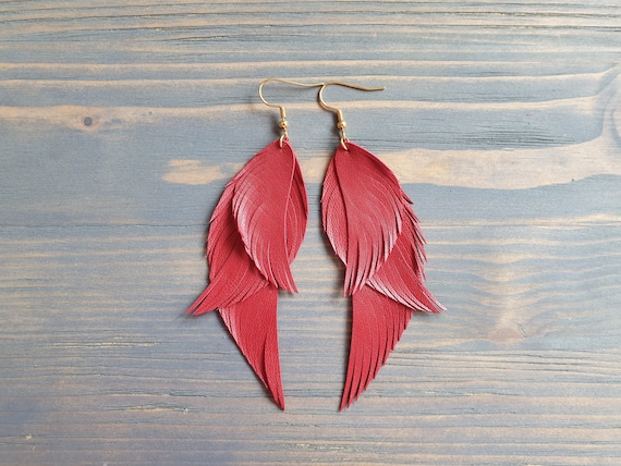 Red Earrings, Leather Earrings, Feather Earrings, Statement Earrings, Leather feather Earrings, Boho Earrings, Boho Jewelry, Leather jewelry