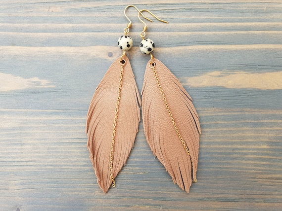 Feather Earrings, Leather Feather Earrings, Boho Earrings, Bohemian Earrings, Statement Earrings, Boho Jewelry, Light Brown Leather Earrings