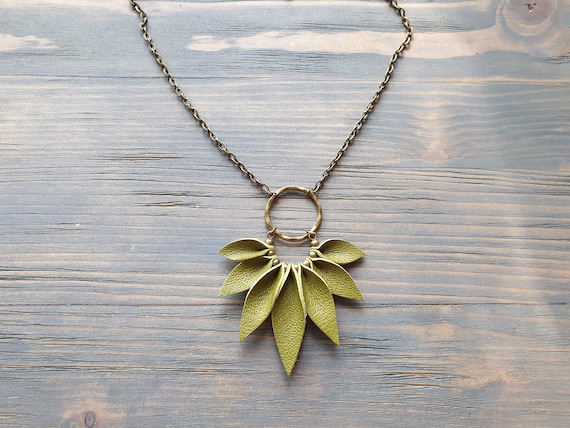 Green Leather Necklace, Bronze Chain Necklace, Statement Necklace, Boho Necklace, Bohemian Necklace, Boho Jewelry, 3rd Anniversary Gift