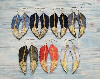 Handmade earrings, Leather earrings, Leather feather earrings, Boho earrings, Dandle earrings, Boho jewelry, Suede earrings Hypoallergenic