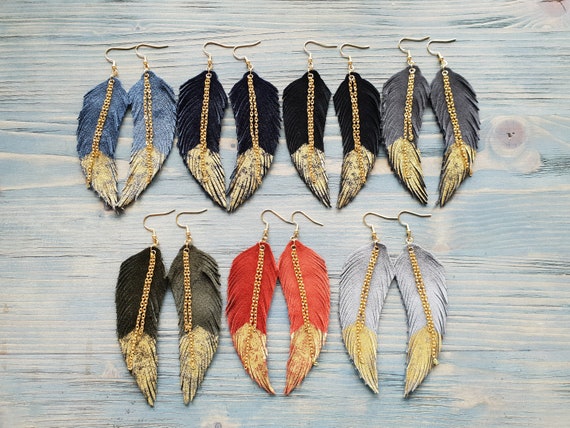 Handmade earrings, Leather earrings, Leather feather earrings, Boho earrings, Dandle earrings, Boho jewelry, Suede earrings Hypoallergenic
