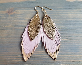 Leather Feather Earrings, Pink and Gold Leather Earrings, Statement Earrings, Bohemian Earrings, Big Earrings, Lightweight Earrings