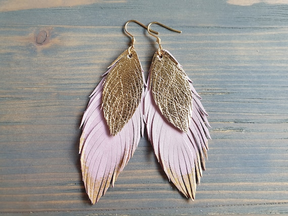 Leather Feather Earrings, Pink and Gold Leather Earrings, Statement Earrings, Bohemian Earrings, Big Earrings, Lightweight Earrings