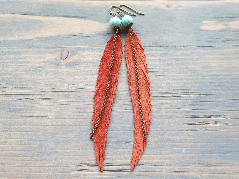 Long Feather Earrings Bohemian Earrings Gemstone Leather Earrings Bohemian Jewelry Long Leather Feather Earrings Boho Tribal Earrings. image 5