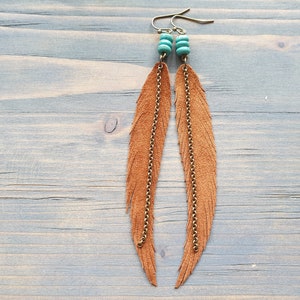 Long Feather Earrings Bohemian Earrings Gemstone Leather Earrings Bohemian Jewelry Long Leather Feather Earrings Boho Tribal Earrings. image 2