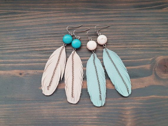 Feather Earrings, Leather Earrings, Leather Feather Earrings, Boho Earrings, Turquoise Earrings, Dangle earrings, Boho Jewelry
