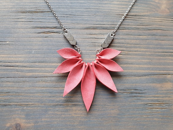 Pink Leather Necklace, Coral Necklace, Statement Necklace, Chain Necklace, Boho Necklace, 3rd Anniversary Gift For Wife, Boho Jewelry